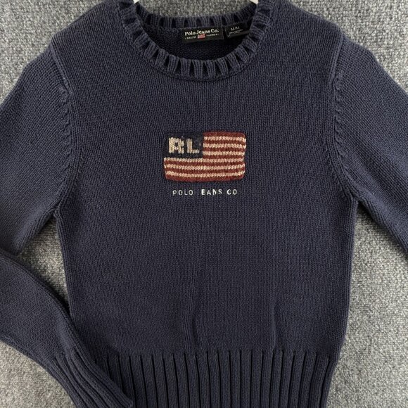 Ralph Lauren Polo Jeans Women Flag Sweater Navy Blue Knit Medium Cotton Crew - Picture 1 of 13